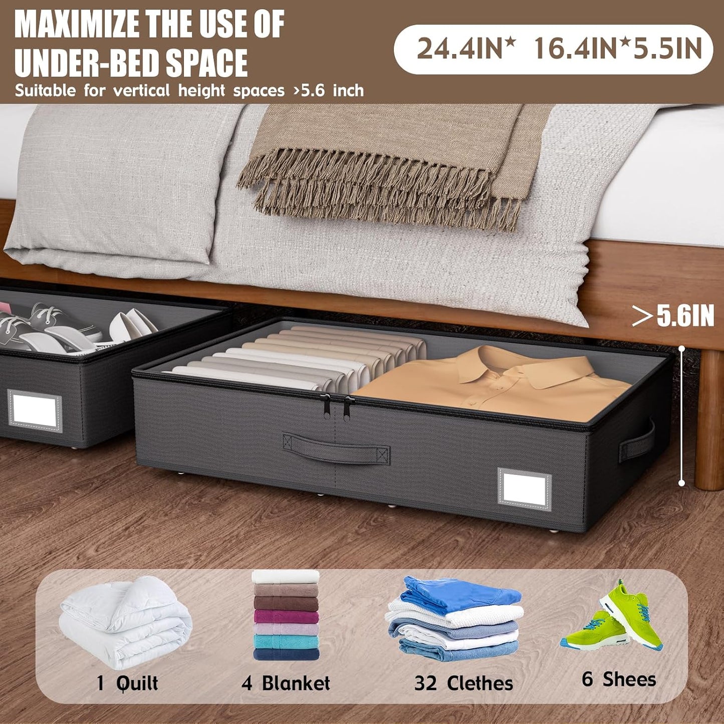 EE-RoomWorld Under Bed Storage with Wheels, No Assemble Required 5.5 inches height grey under bed storage bins,Low Profile Rolling Underbed Shoe Storage containers，dorm underbed storage drawers