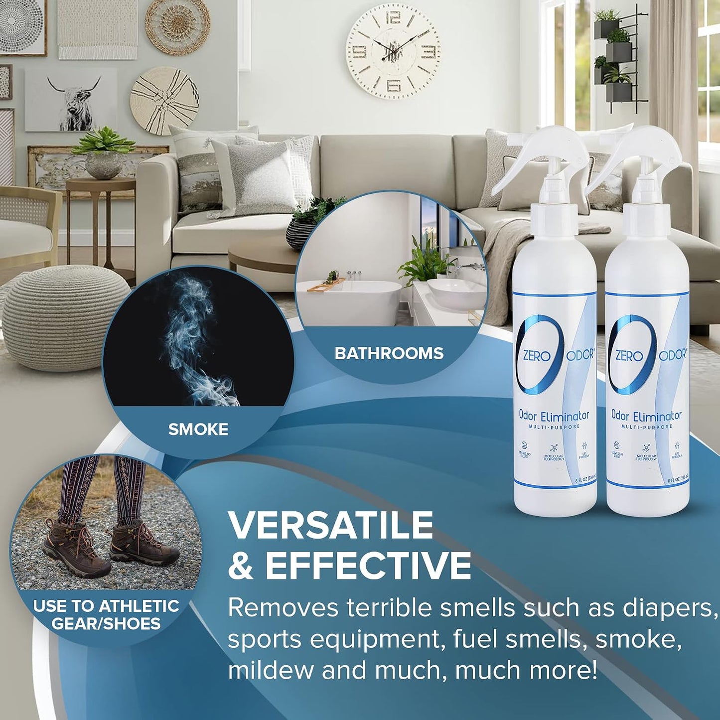 Zero Odor – Multi-Purpose Odor Eliminator - Air & Surface Odor – Patented Technology for Bathroom, Kitchen, Fabric, Closet- Smell Great Again, 16oz