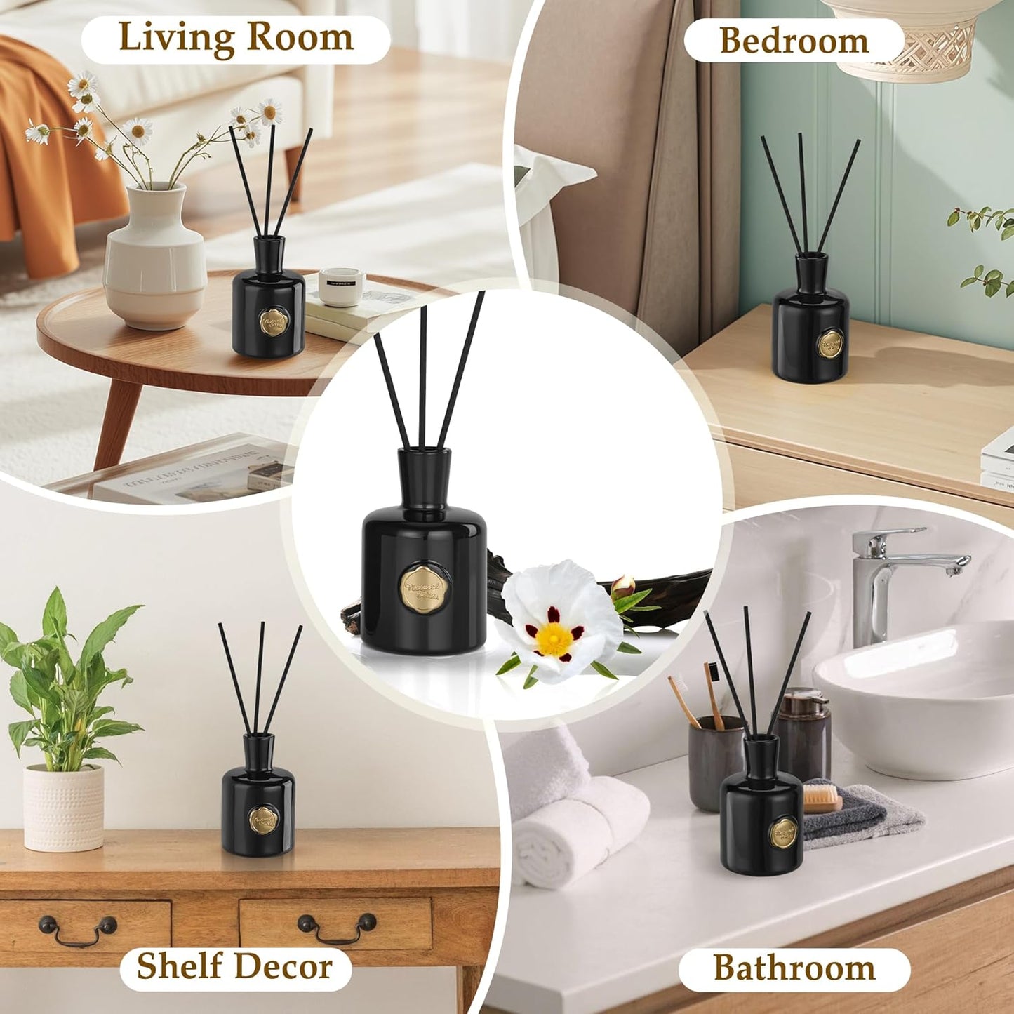 XEPTLE Reed Diffuser Set, 7.04 oz Oud & Bergamot Scent Diffuser with 5 Sticks, Long Lasting Air Freshener, Essential Oil Reed Diffuser for Home, Home Fragrance for Office, Bathroom Shelf Decor, Black