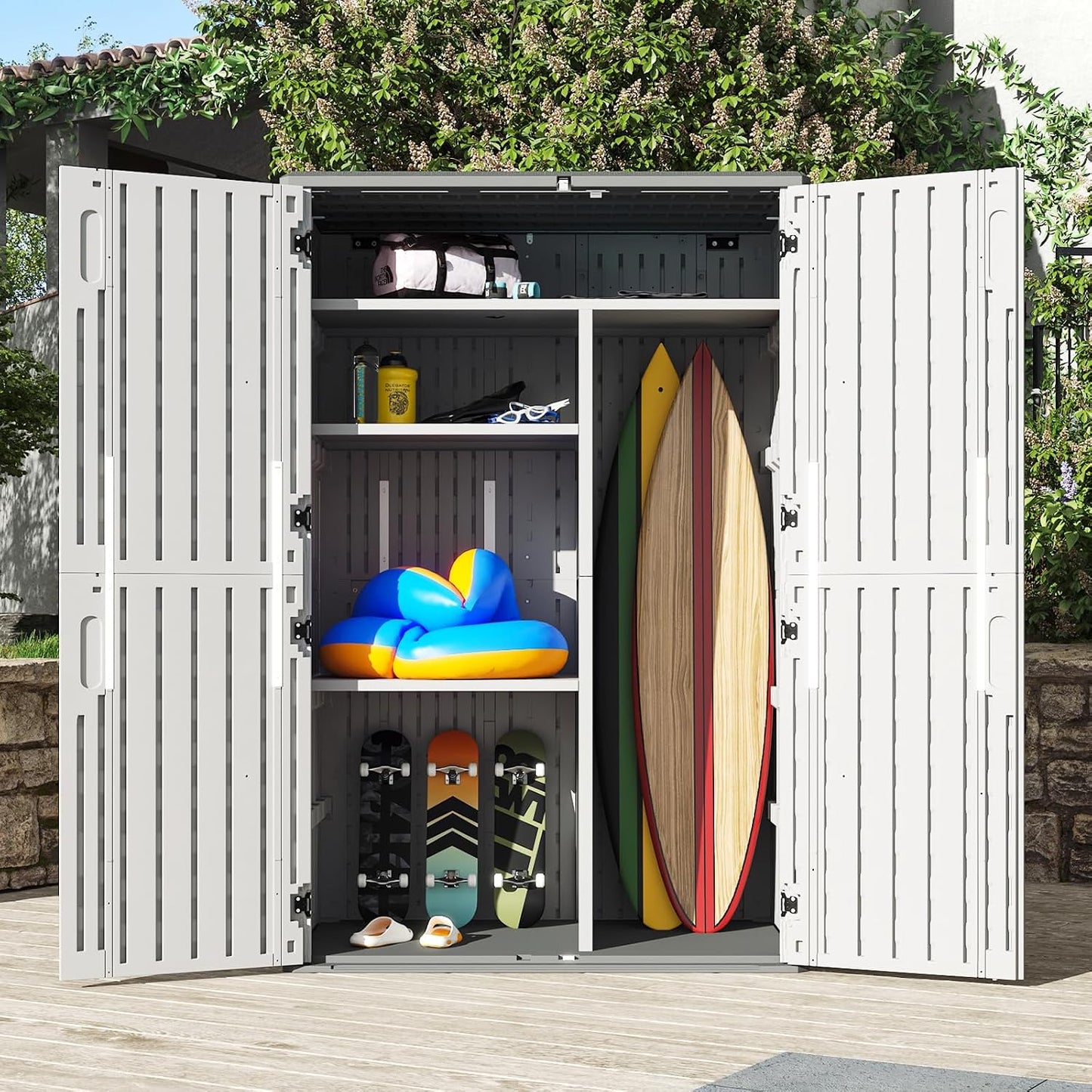 AOXUN Horizontal Storage Sheds 21 Cu.ft, HDPE Outdoor Storage Box 160 Gallon, Waterproof Lockable Resin Deck Box with Spring-Assisted Lid, Patio Storage for Garden, Pool, Cushions, Tools, White
