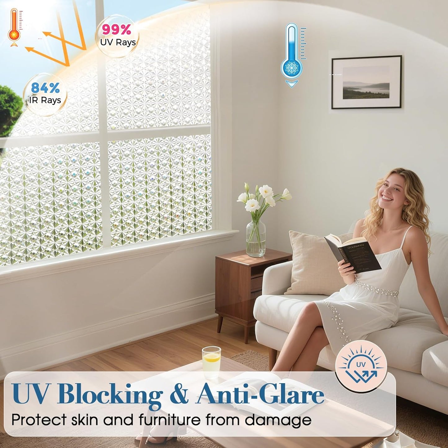 Windimiley 3D Diamond Frosted Window Privacy Film, Static Cling No-Glue Removable Vinyl, UV Blocking Heat Control for Bathroom Bedroom Door, 17.5 x 78.7 inch