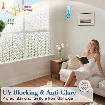 Windimiley 3D Diamond Frosted Window Privacy Film, Static Cling No-Glue Removable Vinyl, UV Blocking Heat Control for Bathroom Bedroom Door, 17.5 x 78.7 inch