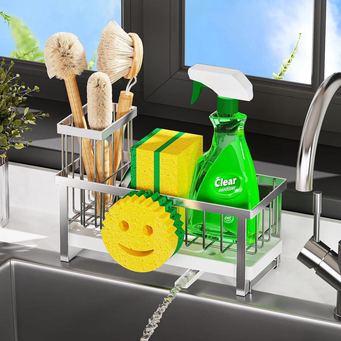 Sponge Holder for Kitchen Sink,Smiley Face Sink Caddy with Removable Brush Holder,Self-Draining Sponge Caddy for Soap,Dish Brush,Scrubber,Kitchen Essentials and Gadgets-Silver