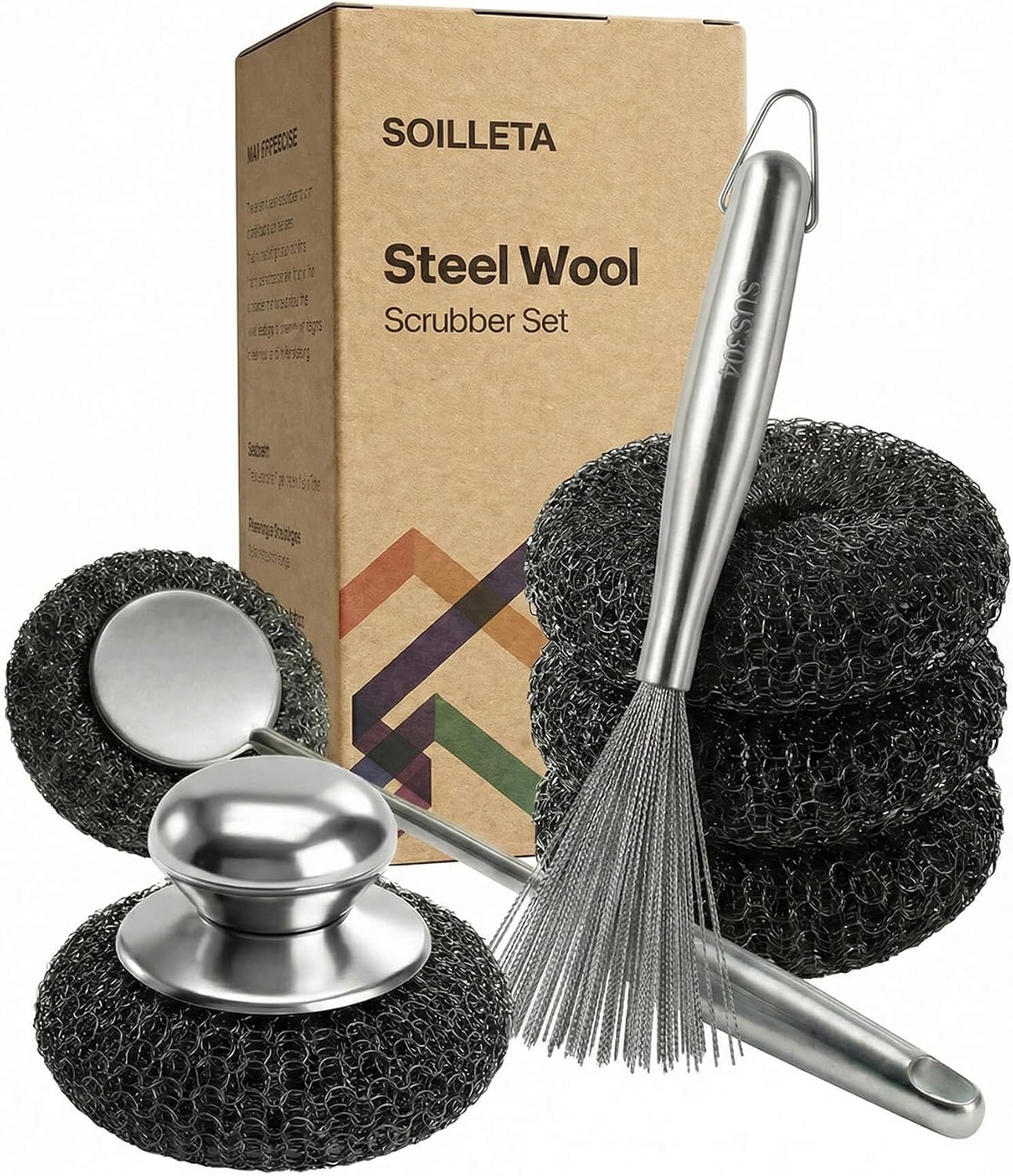 8 Pcs Steel Wool Scrubbers with 2 Pcs Handle,Stainless Steel Scouring Pads for Cast Iron Skillets, Grill & Kitchen Pots - Rust Resistant, Non-Splintering Heavy Duty for Tough Grease