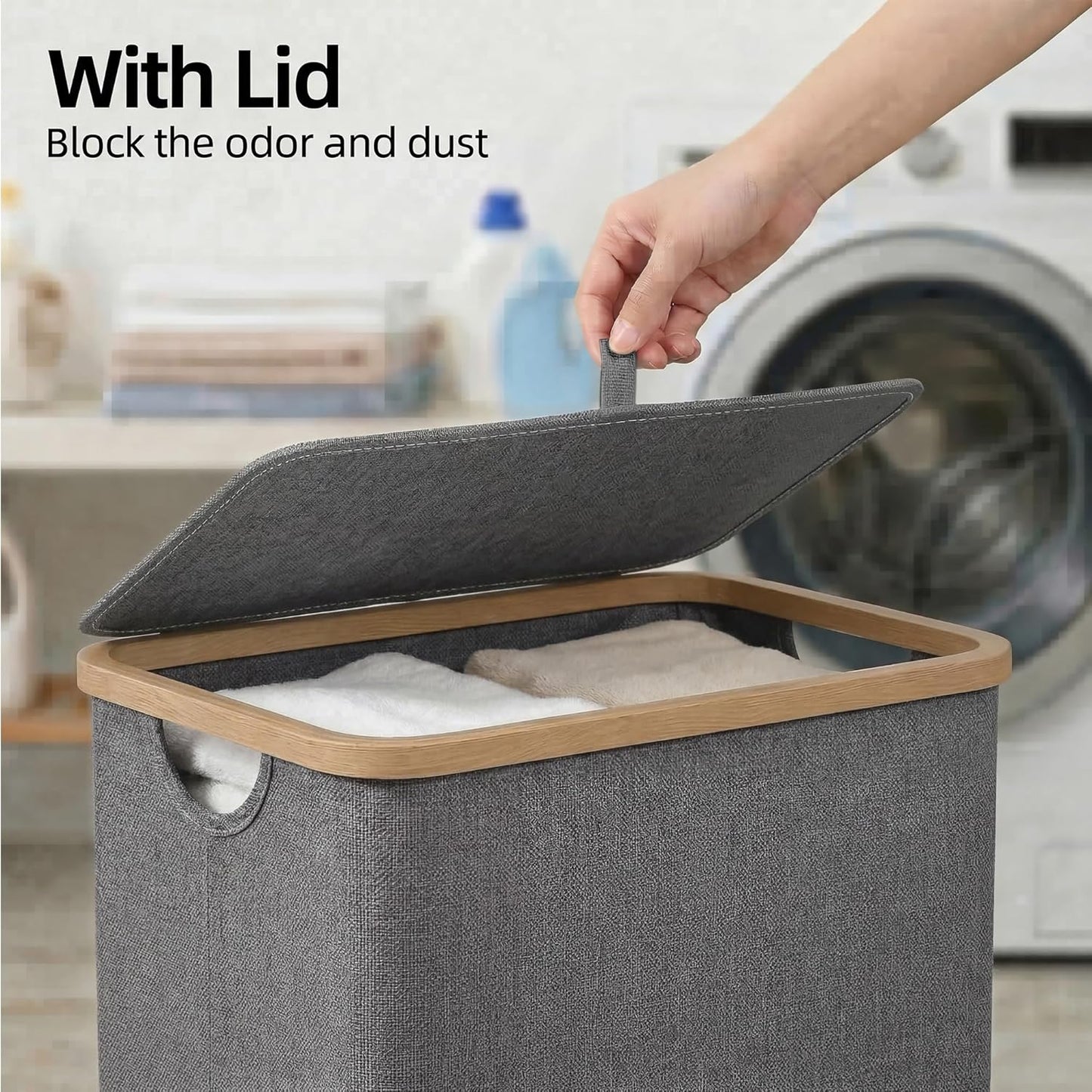 efluky Slim Laundry Basket with Lid, Narrow Laundry Hamper with Removable Bag, Skinny Dirty Clothes Basket with Bamboo Handles for Bathroom, Bedroom & Laundry Room, 75L Beige