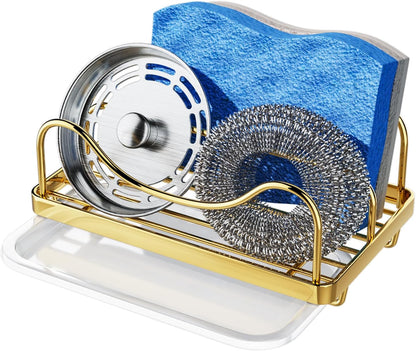 Consumest Sponge Holder for Kitchen Sink - Movable Sink Caddy for Countertop Organizer, 304 Stainless Steel Sponge Holder with Detachable Drip Tray for Kitchen Accessories-Silver