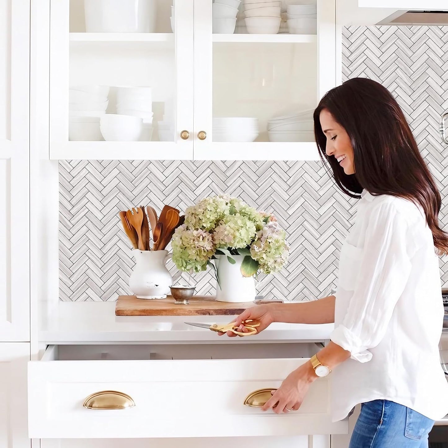 STICKGOO 10 Sheets Herringbone Peel and Stick Backsplash, Stick on Aluminum Composite PVC Kitchen Backsplash, Marble White Mixed Light Grey Look Self Adhesive Wall Tiles