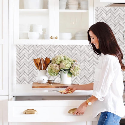 STICKGOO 10 Sheets Herringbone Peel and Stick Backsplash, Stick on Aluminum Composite PVC Kitchen Backsplash, Marble White Mixed Light Grey Look Self Adhesive Wall Tiles