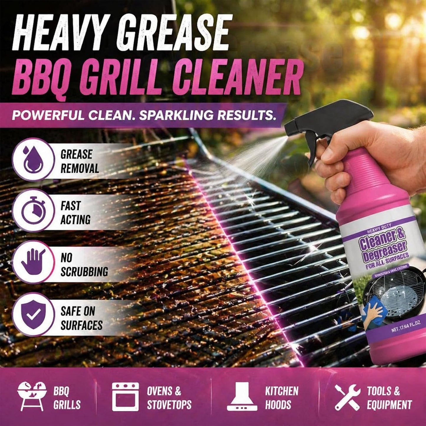 Fast-Acting Heavy-Duty Grill Degreaser Spray, Heavy Duty Degreaser Spray, Removes Grease, Oil & Grime, No Residue, Kitchen Grill Oven Engine Cleaner for Home & Automotive Use (1pcs)