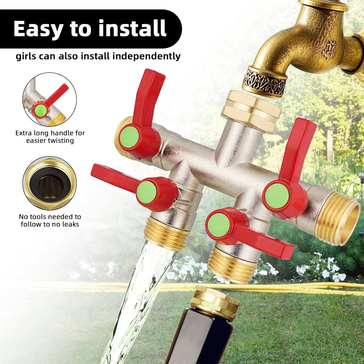 EJW Hose Splitter 2 Way, Garden Hose Splitters, Heavy Duty Faucet Splitter,Rv Brass Water Hose Y Splitter, Double Hose Connector, Spigot Splitter, Two Way Hose Manifold Valve 3/4 Inch GHT Thread.