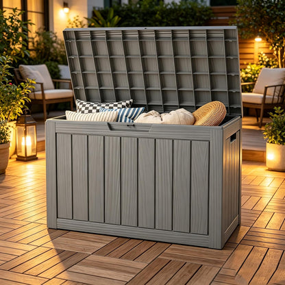 Outdoor Storage Box, Resin Deck Boxes Indoor and outdoor, Waterproof Storage Box Lockable Lid (Black, 85 Gallon)
