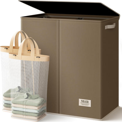 SOLEDI Luxury Double Laundry Hamper with Lid and Removable Bags, 38.3 Gal Large Laundry Bin, Laundry Basket 2 Sections, Collapsible Clothes Hamper for Bedroom, Laundry Room, Bathroom, Off-white