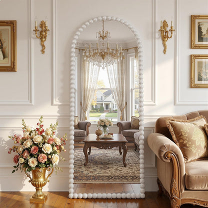 Antok 58" x 21" Arched Full Length Mirror, Antique Beaded Frame Floor Standing or Wall Mounted Mirror with Stand for Bedroom, Entryway, Brown, Luxury Style