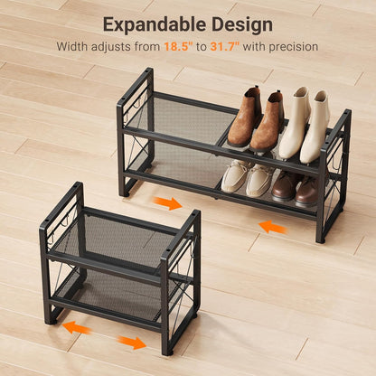 ELYKEN Shoe Rack, 2-Tier Expandable Shoe Organizer for Closet, Metal Black Shoe Shelf with 4 Hooks, Adjustable Shoe Stand Holder for Entryway, Garage, Door Entrance