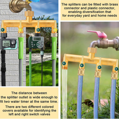 EBH Brass Garden Hose Splitter, 3 Way High Flow Outdoor Faucet Splitter,Full Flow 3-Way Brass Heavy Duty Hose Splitter With 3 Long Metal Handle and Individual On/Off Valve。