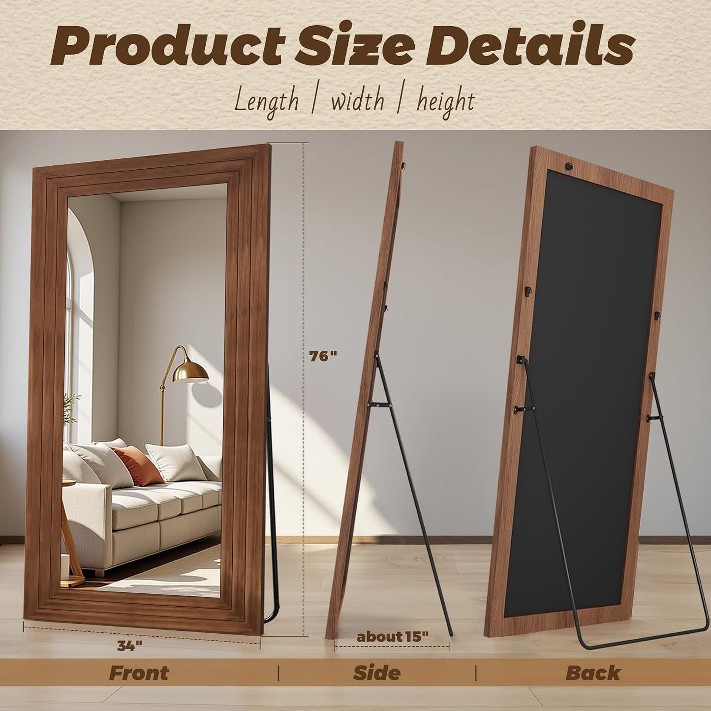 Antok Full Length Mirror with Solid Wood Frame, 71"×32" Wall Mounted Oversized Floor Mirror with Stand, Leaning Standing Hanging for Bedroom Living Room Entryway, Walnut, Arched Syle