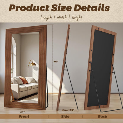 Antok Full Length Mirror with Solid Wood Frame, 71"×32" Wall Mounted Oversized Floor Mirror with Stand, Leaning Standing Hanging for Bedroom Living Room Entryway, Walnut, Arched Syle