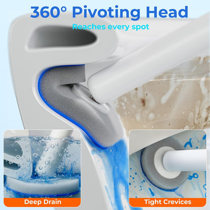 Disposable Toilet Brush and Holder Set - Hands-Free Eject Sponge Toilet Wand with Floor Standing Caddy, Secure-Lock Hangable Toilet Scrubber