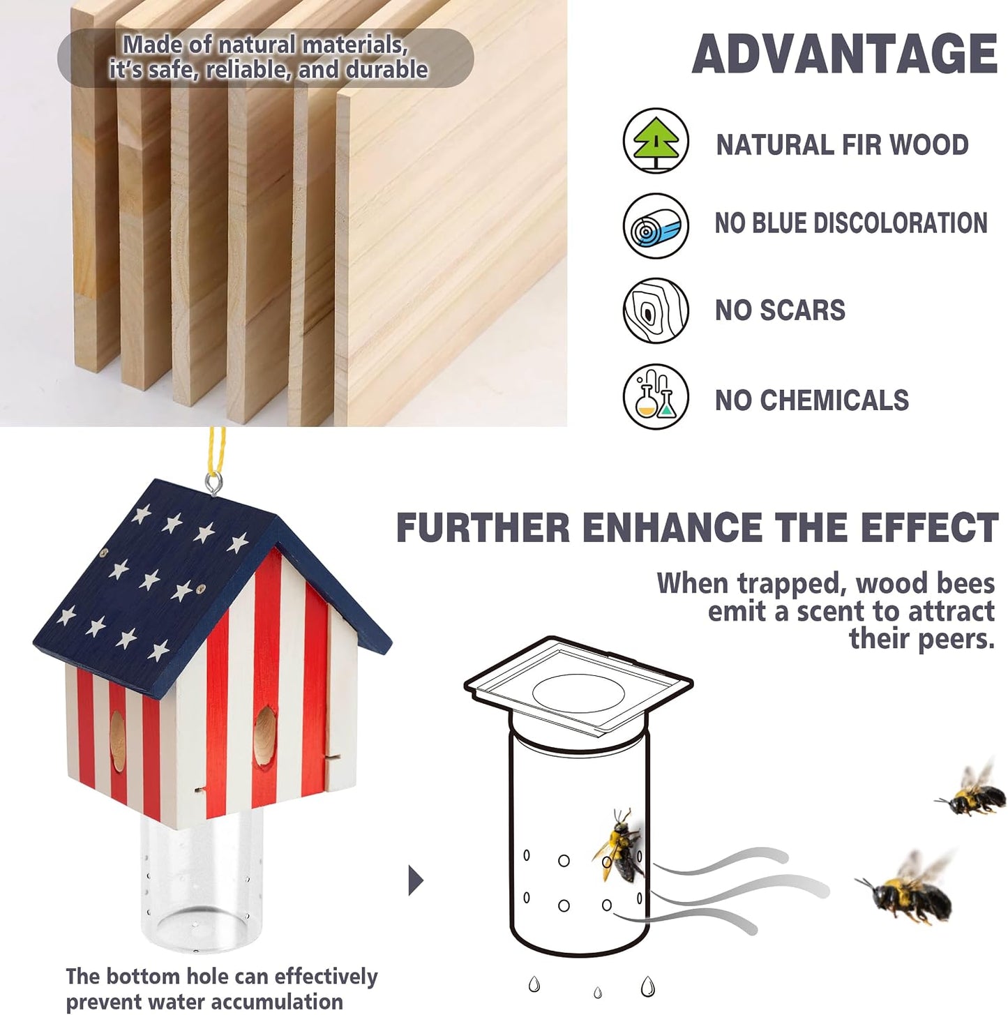 Carpenter Bee Trap for Outside - Best Bee Trap - Flag Cabin Style Nature Hanging Wood Carpenter Bee Traps Outdoor - Insect Traps with Removable Vault