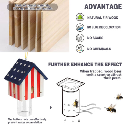 Carpenter Bee Trap for Outside - Best Bee Trap - Flag Cabin Style Nature Hanging Wood Carpenter Bee Traps Outdoor - Insect Traps with Removable Vault