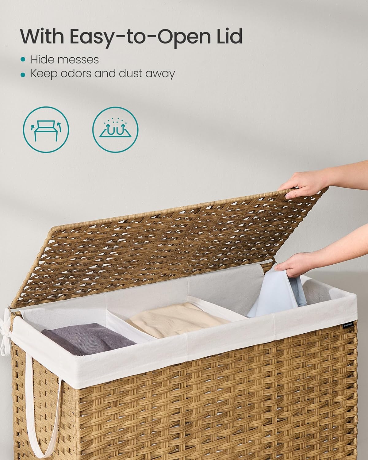 SONGMICS Laundry Hamper with Lid, 23.8 Gallon (90 L) Synthetic Rattan Clothes Laundry Basket with Lid and Handles, Foldable, Removable Liner, Chestnut Brown ULCB051K02
