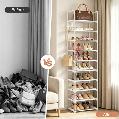 Narrow Shoe Rack 10 Tiers Tall Shoe Rack for Entryway Closet 20 24 Pairs Shoe & Boots Organizer Storage Shelf Durable Black Metal Stackable Shoe Cabinet with Hooks, 17.1D x 11.8W x 78.7H in