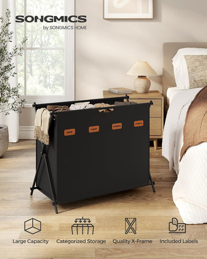 SONGMICS Laundry Hamper, Laundry Basket, 35.7 Gal. Laundry Sorter 3 Sections, Collapsible X-Frame, Clothes Organizer with Customizable Labels, Laundry Room, Bedroom, Bathroom, Slate Gray ULCB130G01