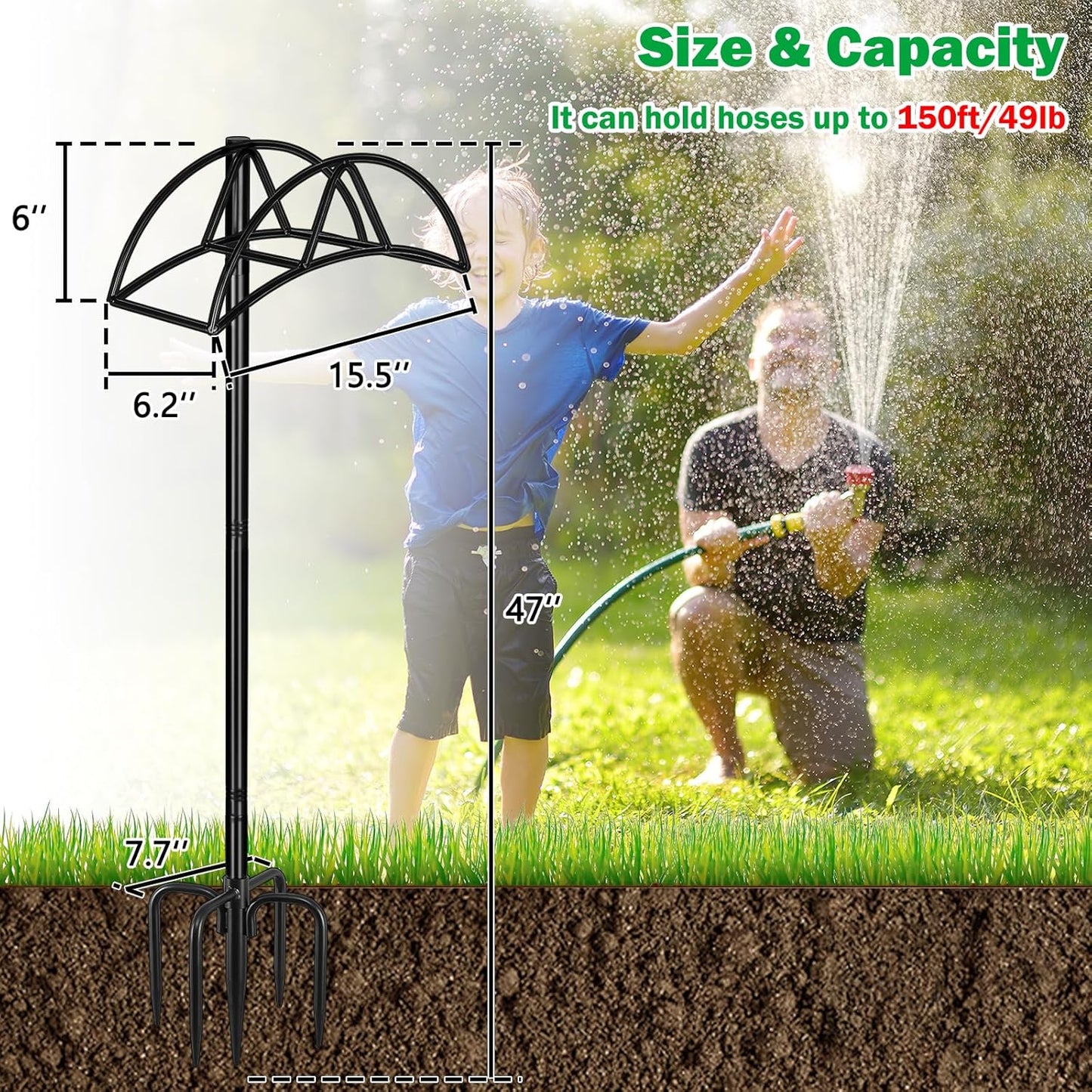 Gtongoko Garden Hose Holder for Outside 43" Heavy Duty Freestanding Water Hose Holder with 4 Stable Spikes Metal Hose Stand Holds Up to 150FT Hose & 44LB Detachable Hose Storage for Yard Lawn Patio