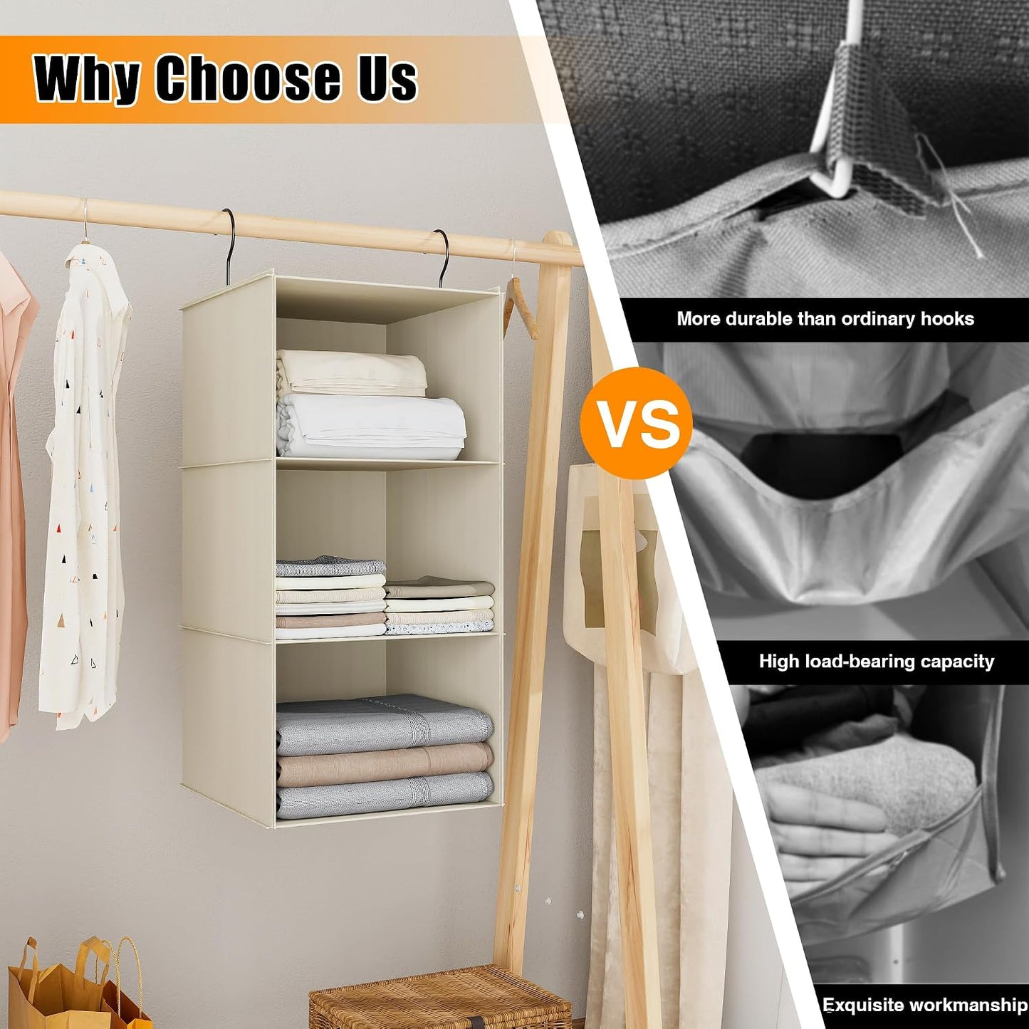 Hanging Closet Organizer 3-Shelf, Oxford Fabric Wardrobe Storage, Gray | Easy-mount foldable design holds clothes, handbags, shoes & accessories; washable Oxford fabric, sturdy and space-saving.