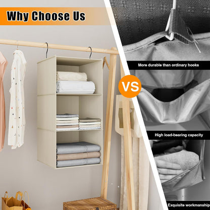 Hanging Closet Organizer 3-Shelf, Oxford Fabric Wardrobe Storage, Gray | Easy-mount foldable design holds clothes, handbags, shoes & accessories; washable Oxford fabric, sturdy and space-saving.