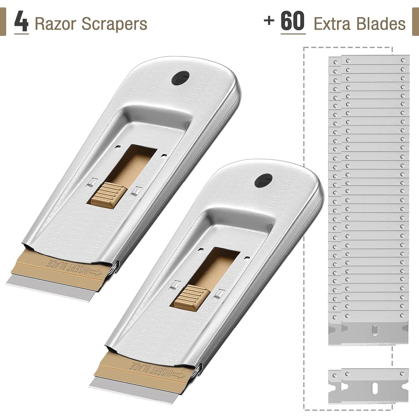 Bates- Metal Razor Blade Scraper, 2 Pack, 30 Extra Blades, Scraper for Cleaning, Glass Scraper, Razor Blade Scraper Tool, Razor Scraper Tool, Scraper Blades, Window Scraper with Razor Blade