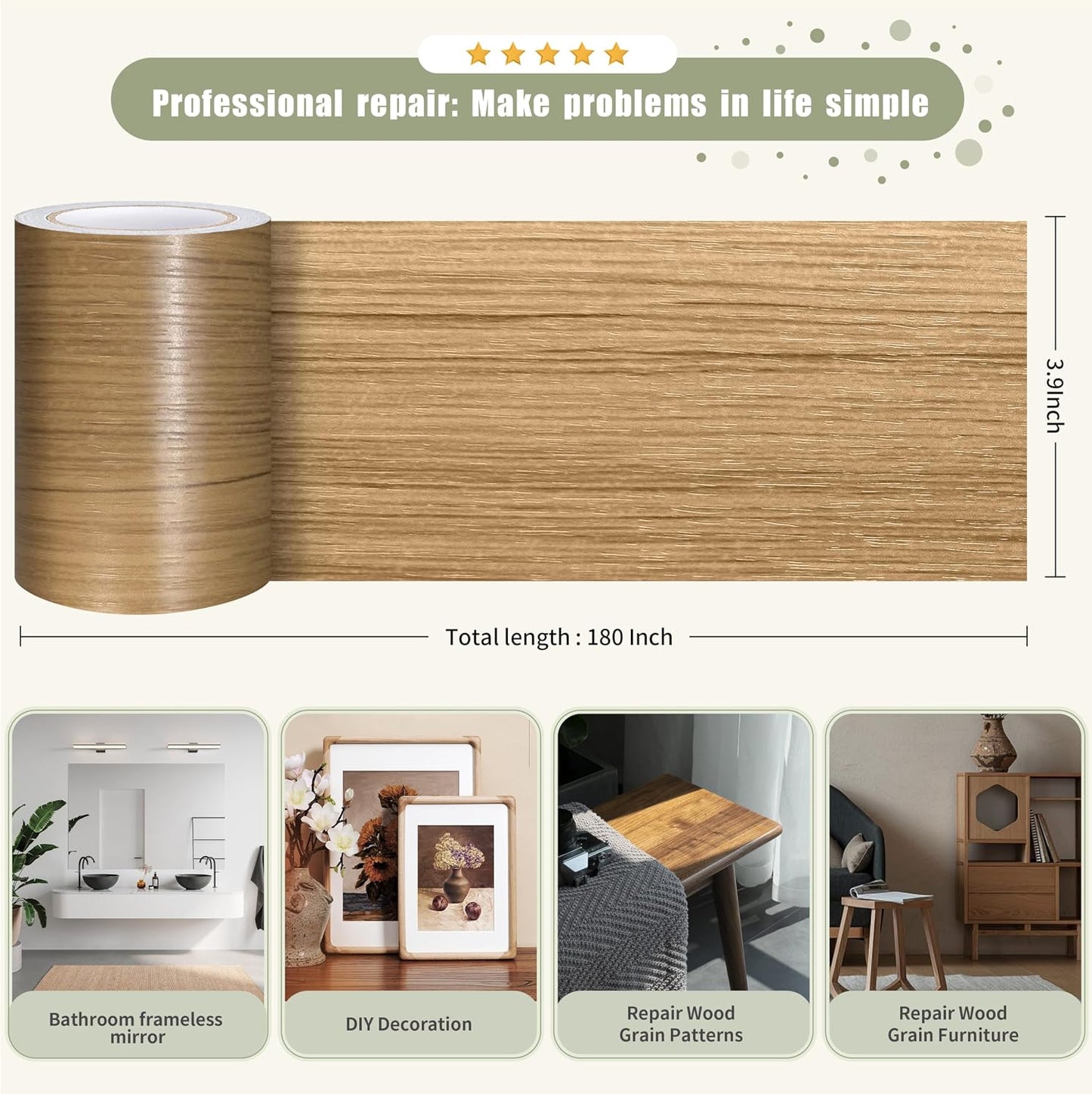 Besezx Wood Grain Repair Tape, 2.4" X15', Self Adhesive Wood Grain Repair Patch for Tables, Chairs, Baseboards, Doors, Windows, Floors, All Kinds of Furniture Renovation, Handicraft DIY. (Natural oak)