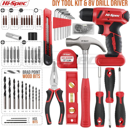 Hi-Spec Pink Tool Set with 8V Drill Set. Complete Cordless & Rechargeable USB Electric Drill Driver Kit for Women, Home DIY Repair & Maintenance, in a Compact Toolbox.