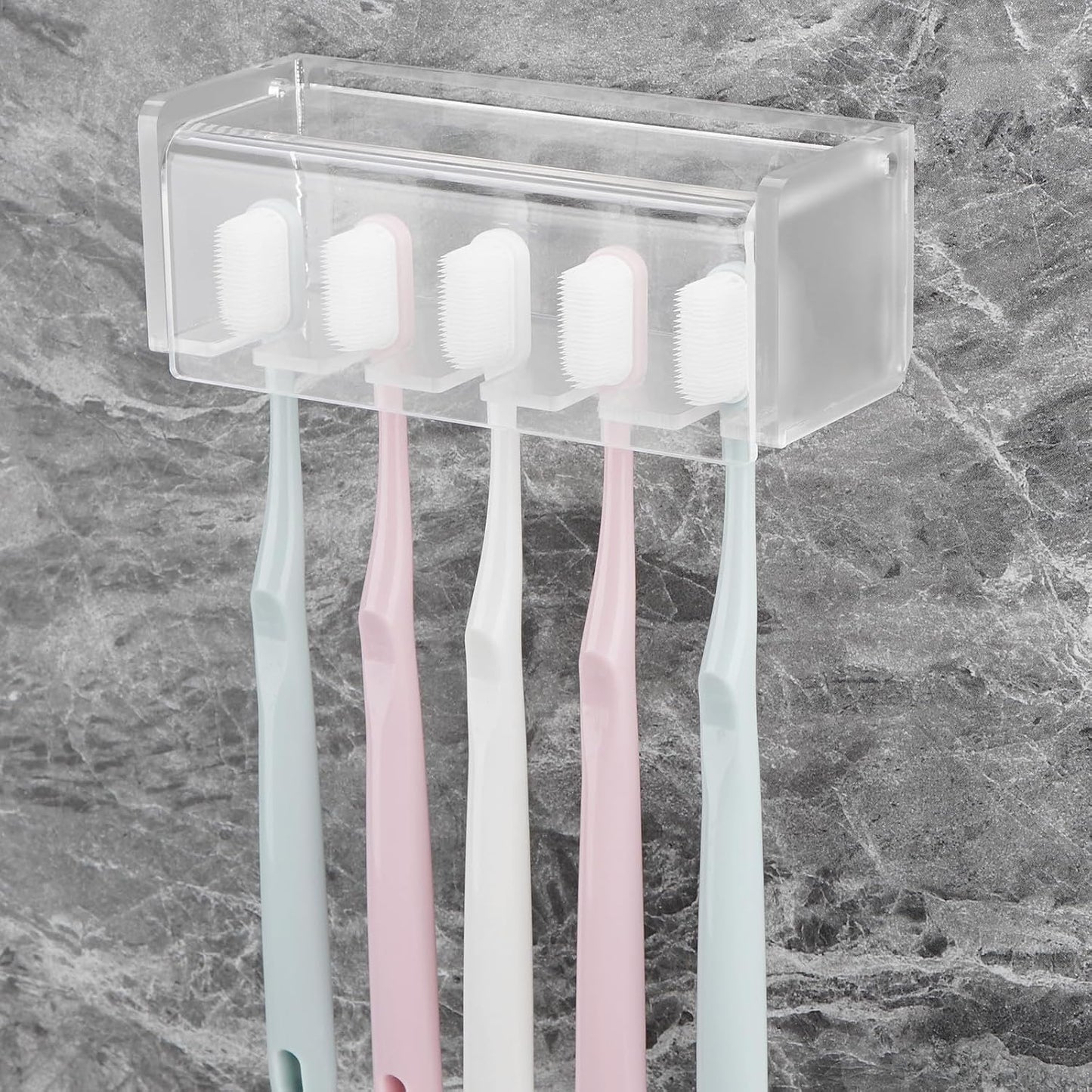 5 Slots Wall Mount Toothbrush Holder with Cover, Self Adhesive Toothbrush Storage Organizer for Shower, Toothbrush Hanger with Automatic Toothpaste Squeezer Dispenser