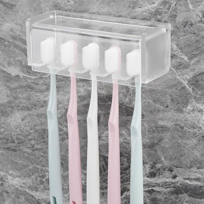 5 Slots Wall Mount Toothbrush Holder with Cover, Self Adhesive Toothbrush Storage Organizer for Shower, Toothbrush Hanger with Automatic Toothpaste Squeezer Dispenser
