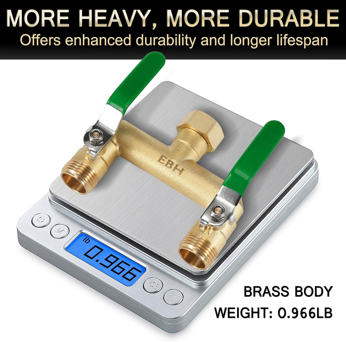 EBH Garden Hose Splitter, 2-Way High Flow Heavy Duty Brass Outdoor Hose Manifold with Extra Long Handles Full Flow Faucet Adapter- 3/4” GHT(Green)