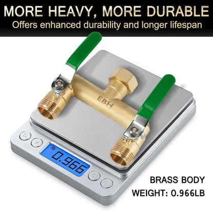 EBH Garden Hose Splitter, 2-Way High Flow Heavy Duty Brass Outdoor Hose Manifold with Extra Long Handles Full Flow Faucet Adapter- 3/4” GHT(Green)