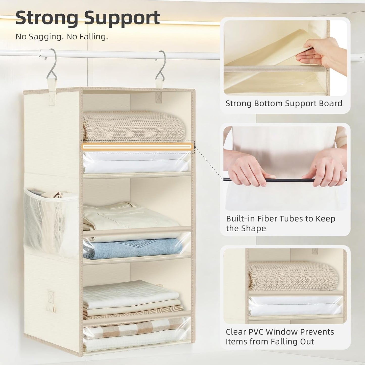 STORAGE MANIAC 6-Shelf Hanging Closet Organizer and Storage, 2 Separable 3-Shelf Haning Organizers for Closet, Collapsible Hanging Shelves Wardrobe Organization, College Dorm Room, Nursery, Beige