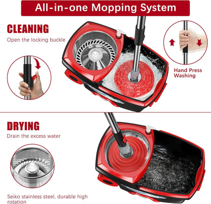 FunClean Spin Mop and Bucket,Mop and Bucket with Wringer Set for Home,360 Spinning Mopping Floor Cleaning Tool with 6 Microfiber Replacement Head Refills,61" Extended Handle, 2X Wheel - Blue