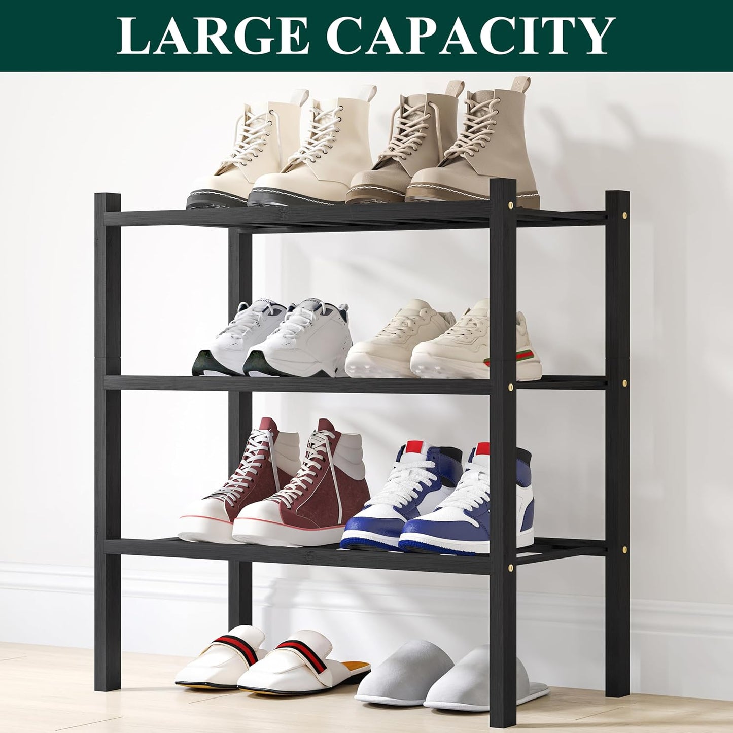 Smiry Bamboo Shoe Rack, 3 Tier Free Standing Wooden Shoe Organizer, Stackable Wood Shoe Storage Shelf for Closet, Entryway, 12 Vertical Slats, 2+1 Stack Standard Legs, 26.8"x11"x19.5", Natural
