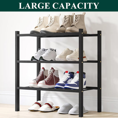 Smiry Bamboo Shoe Rack, 3 Tier Free Standing Wooden Shoe Organizer, Stackable Wood Shoe Storage Shelf for Closet, Entryway, 12 Vertical Slats, 2+1 Stack Standard Legs, 26.8"x11"x19.5", Natural
