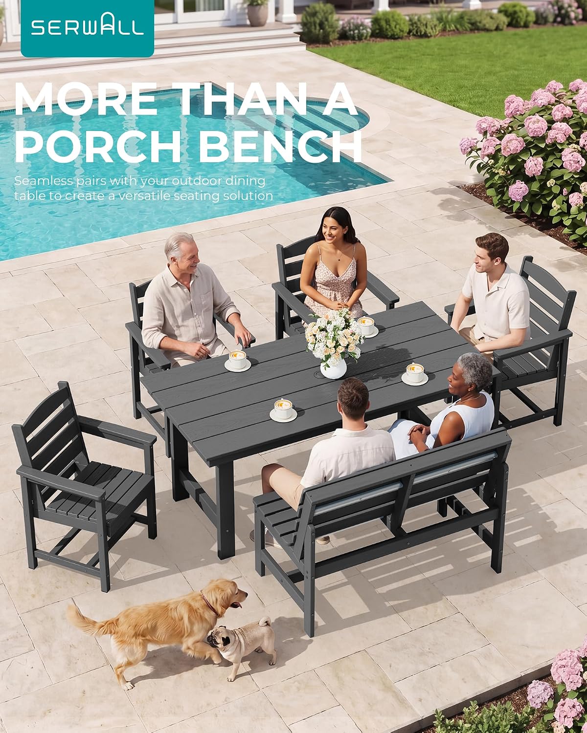 SERWALL HDPE Outdoor Storage Bench, Deck Box with Waterproof Storage Bags | All-Weather Benches | 57 Gallon Dual-Use Seat | Organizer Deck Boxes for Patio, Garden Tools & Pool | Dark Black