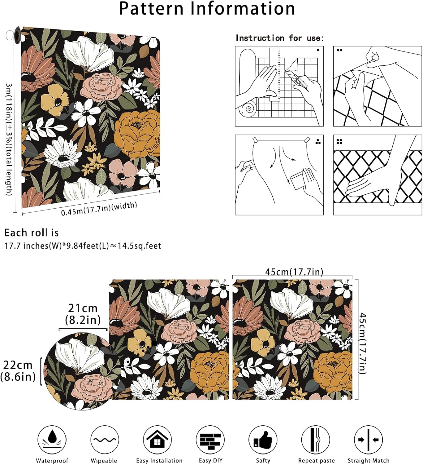Floralplus Floral Wallpaper Peel and Stick Removable Wallpaper Boho Renter Friendly Dark Flower Wallpapers Contact Paper for Walls Cabinet Bedroom Bathroom Decor 17.5 in x 118 in
