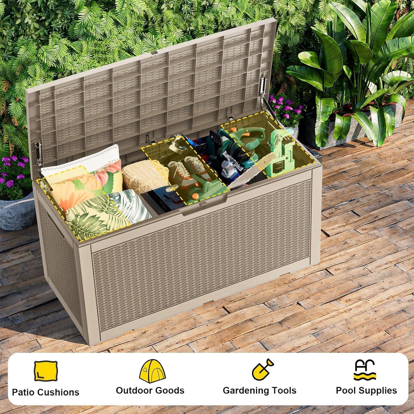 320 Gallon Waterproof Outdoor Storage Box, UV Resistant Resin Deck Box with Hydraulic Rod for Reinforced Stability, Perfect for Patio, Garden, and Pool（Black，320 Gallon）