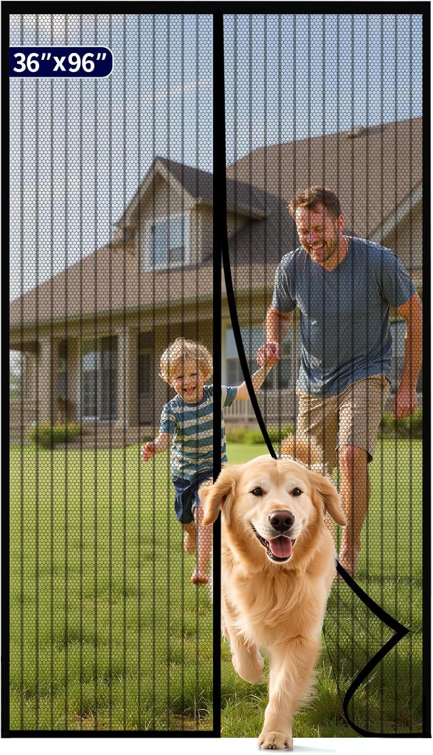 Kitsure Magnetic Screen Door - 38.0 x 82.0 in Retractable Screen Door Mesh for Front Door or Sliding Door, Pet & Kid Friendly, Hands-Free Closure Keeps Bugs Out & Lets Breeze in, Stripe Black