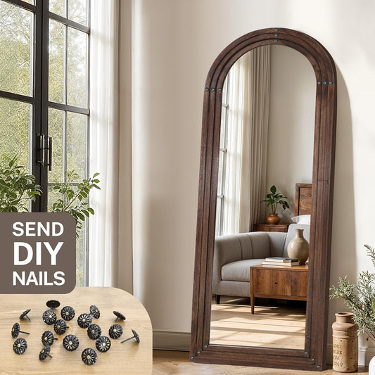 Full Length Mirror 65"x24" Arched Solid Wood Frame Floor Standing Mirror, Hanging or Leaning Wall-Mounted for Living Room, Bedroom, Oak Color