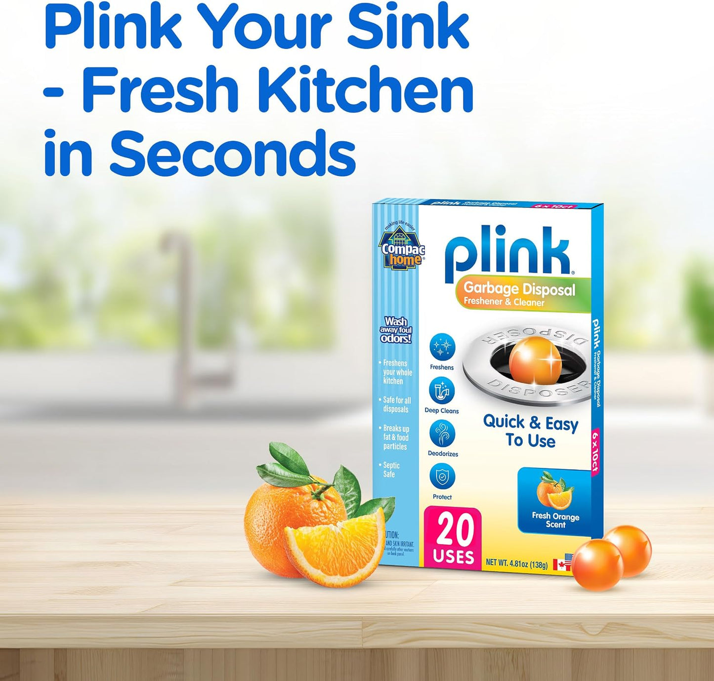 COMPAC HOME Plink Garbage Disposal Cleaner and Deodorizer, Air Fresheners for Garbage Disposal, Lemon Scent, Home Cleaning Products for Kitchen Sink and Clogged Drains, 20 Count (Pack of 1)