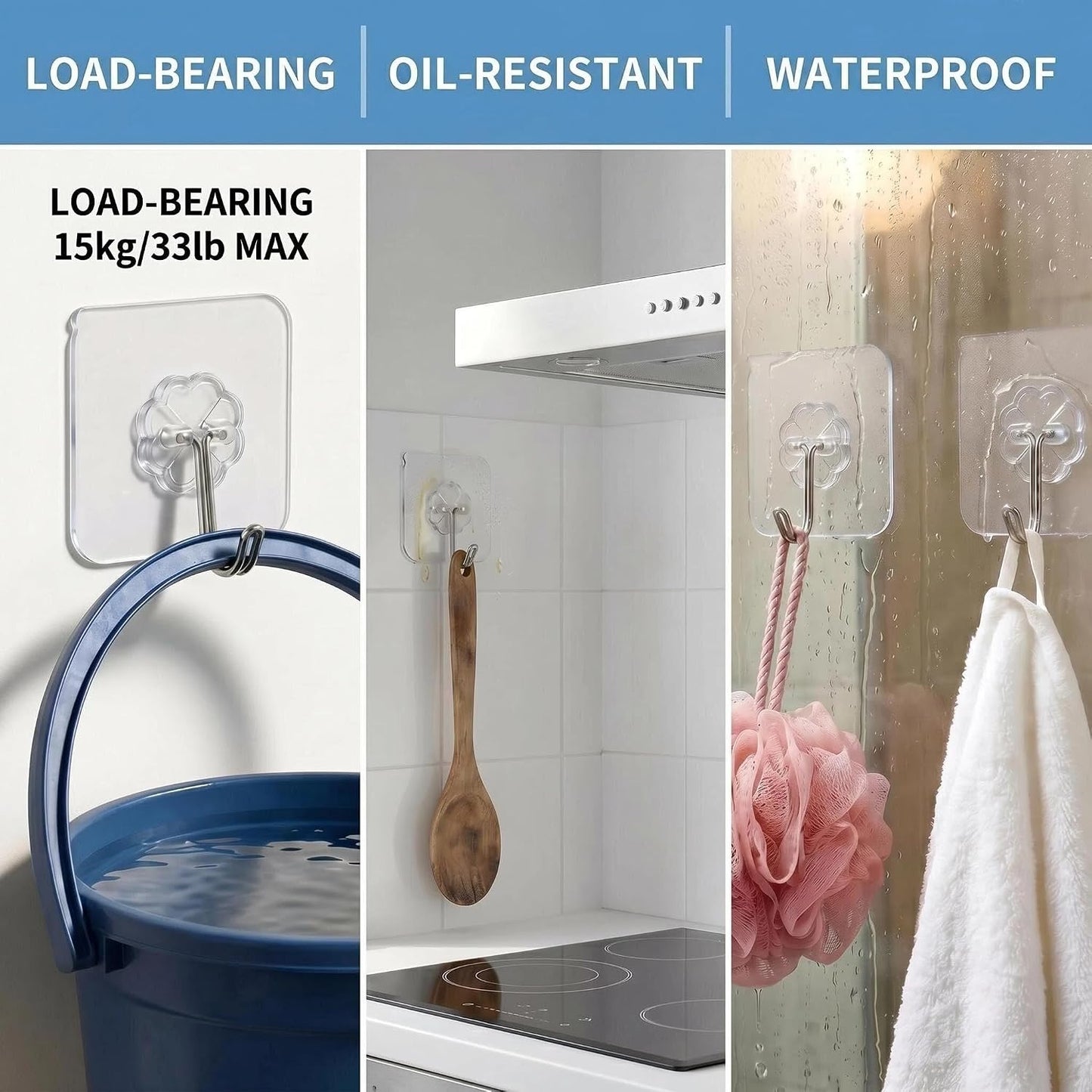 Wall Hooks - 33 lbs Max, Transparent, Seamless, Waterproof & Oilproof, Heavy Duty Adhesive Coat & Towel Hooks (10 Pack)