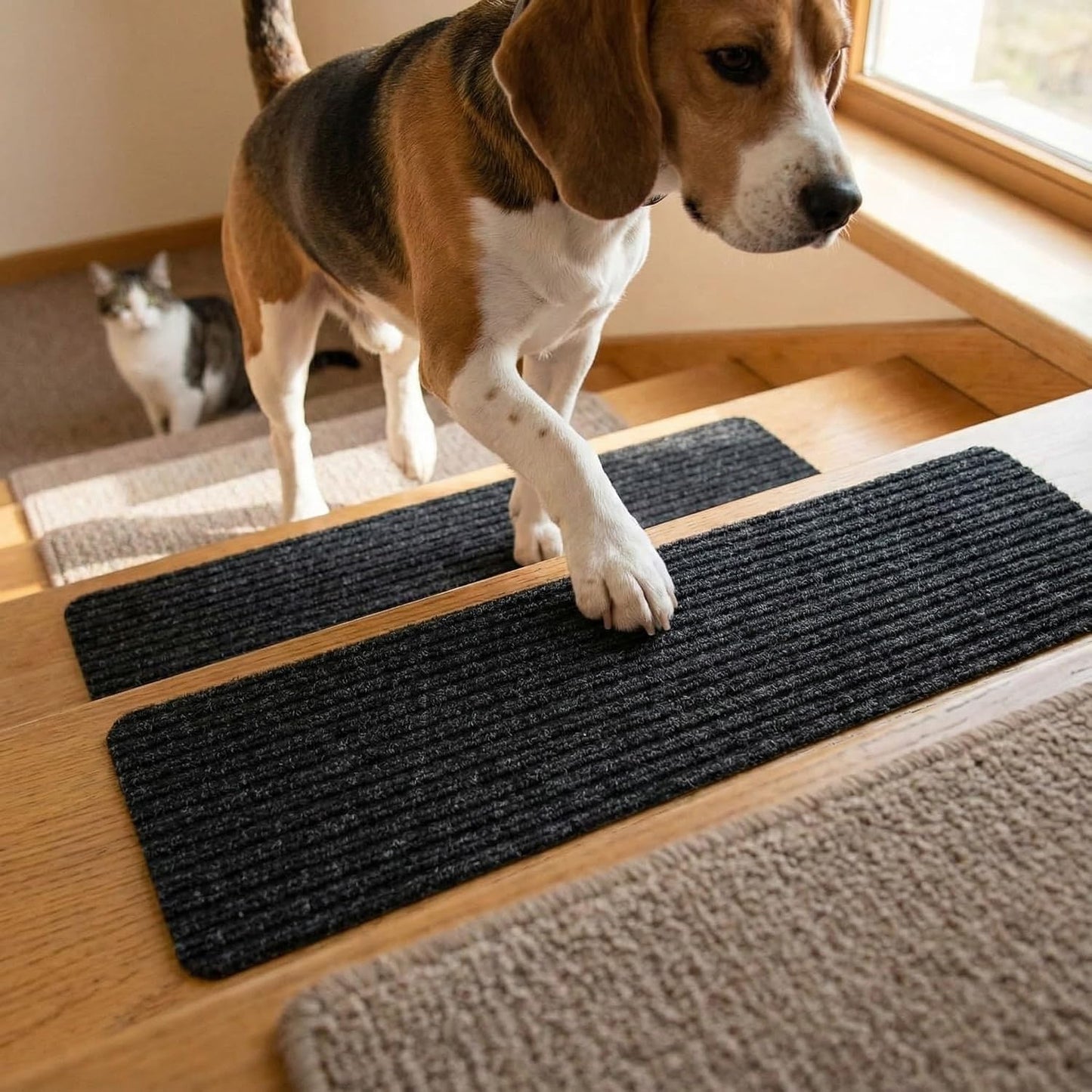 DECHOUS 2Pcs Non-Slip Stair Treads Carpet for Wooden Steps Indoor Self Adhesive Black Stair Runner Carpet Treads 8" x 30" Step Grips for Kids Elders Pets