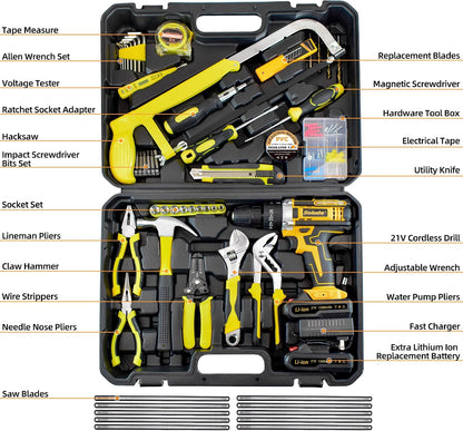 165-Piece Home Tool Kit with Drill,21V Cordless Drill Tool Set with 2 Batteries,Household Tool Kit for Home Repair and DIY Projects